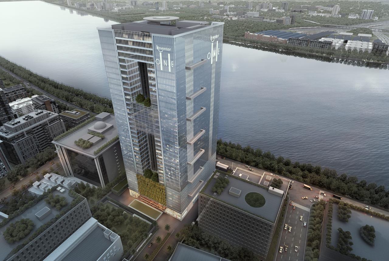 Aerial view of Keventer One beside the Hooghly river